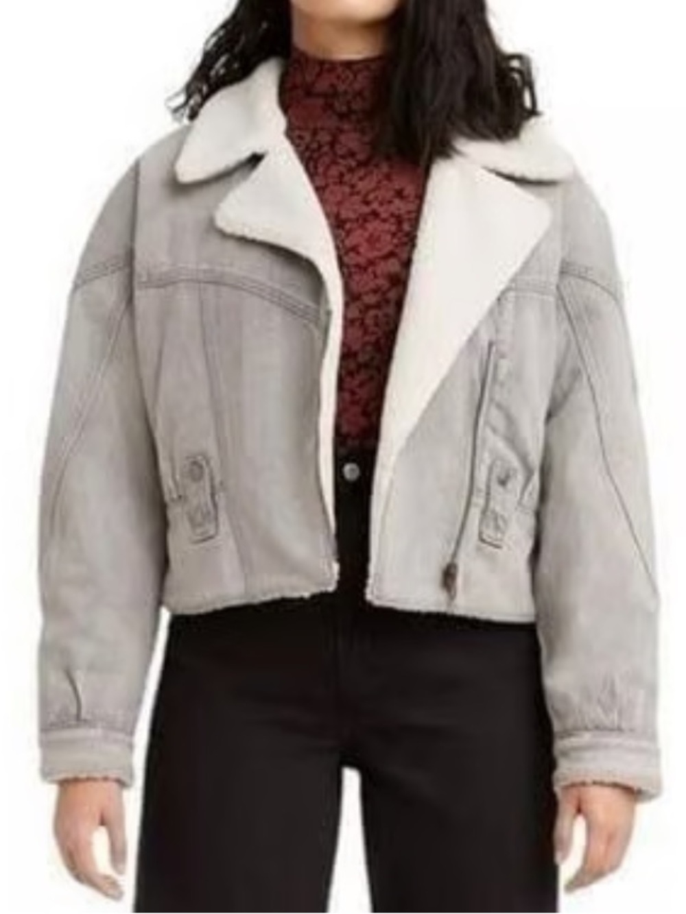 NWT Levi's romantic biker Light Gray Sherpa Cropped Jacket size XL